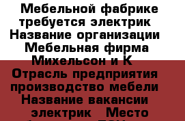 Мебельной фабрике требуется электрик › Название организации ­ Мебельная фирма “Михельсон и К“ › Отрасль предприятия ­ производство мебели › Название вакансии ­ электрик › Место работы ­ р-н ТЭЦ-2, ул.2-я Заводская 23 › Подчинение ­ главный механик › Минимальный оклад ­ 20 000 › Возраст от ­ 23 › Возраст до ­ 60 - Ростовская обл., Волгодонск г. Работа » Вакансии   